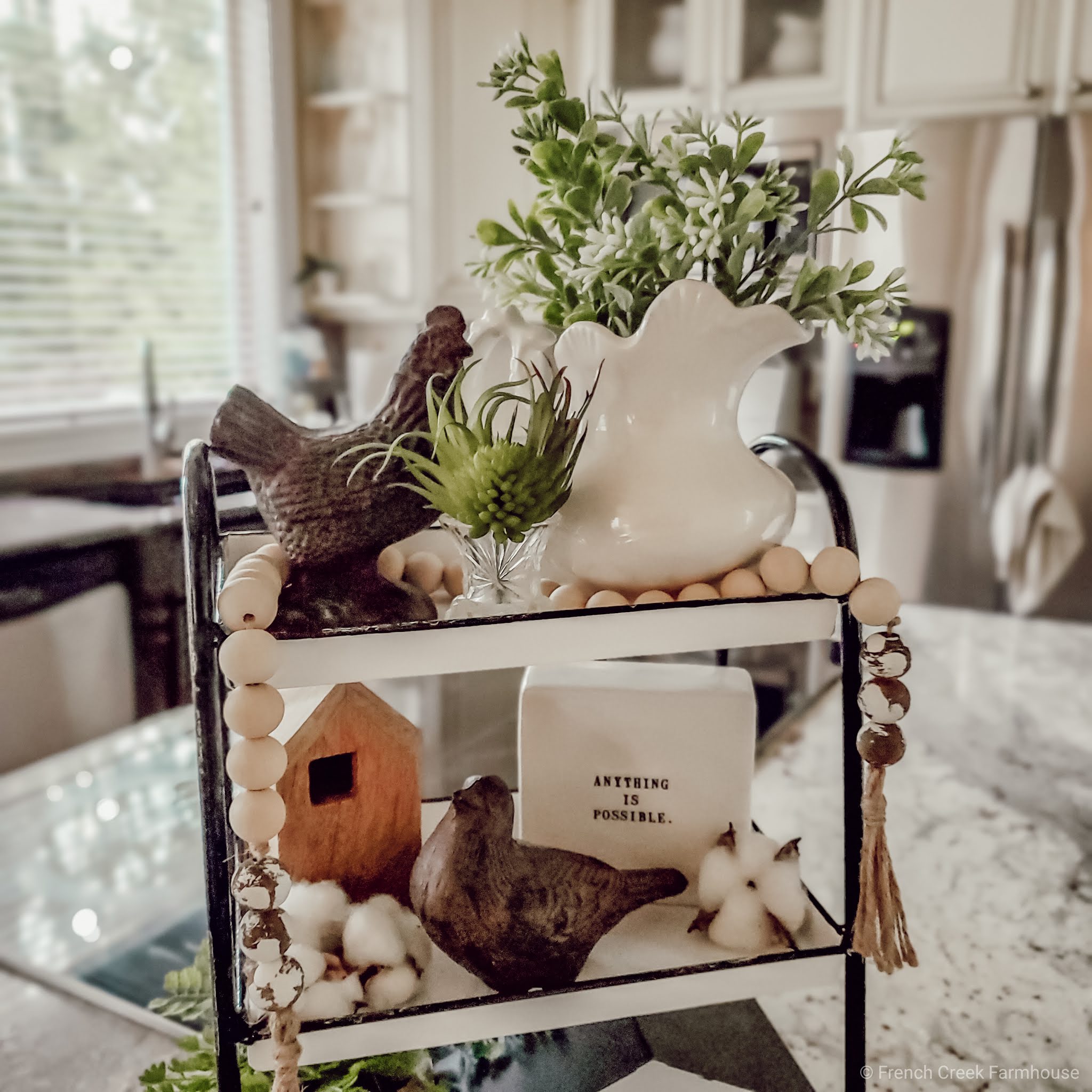 Tiered tray with birds and Rae Dunn decor
