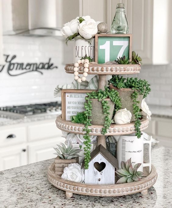 Tiered tray in white kitchen with springtime decor