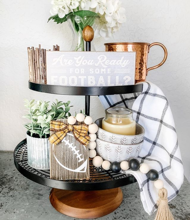 Two-tier tray with football decor for fall