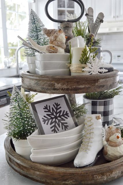Two-tier wooden tray with winter ice skating theme
