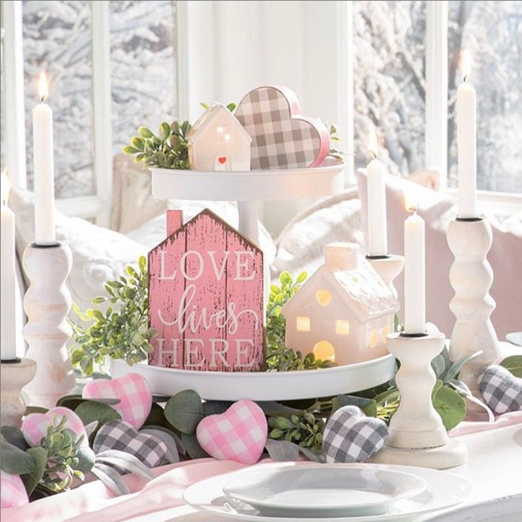 Two-tier white tray with Valentine's decor