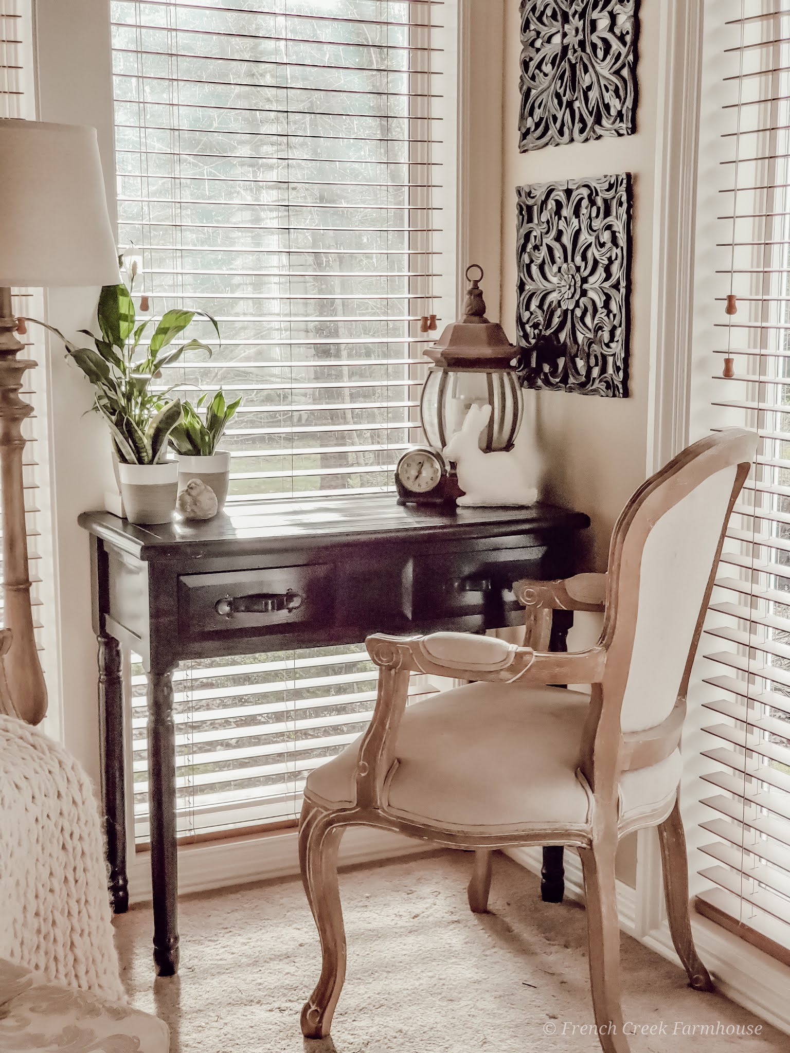 Modern farmhouse writing desk with French provincial chair