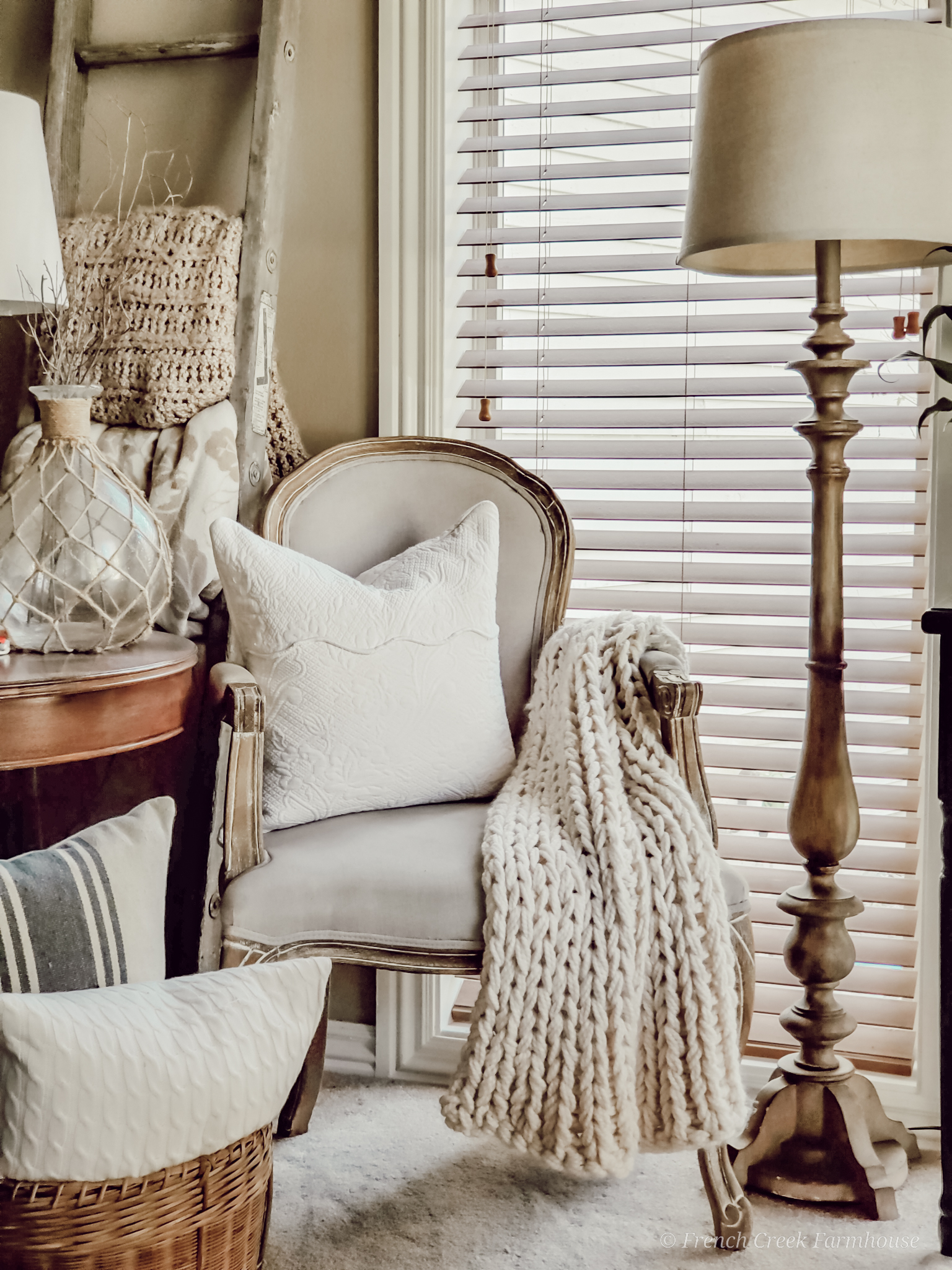 Cozy French provincial chair in farmhouse living room