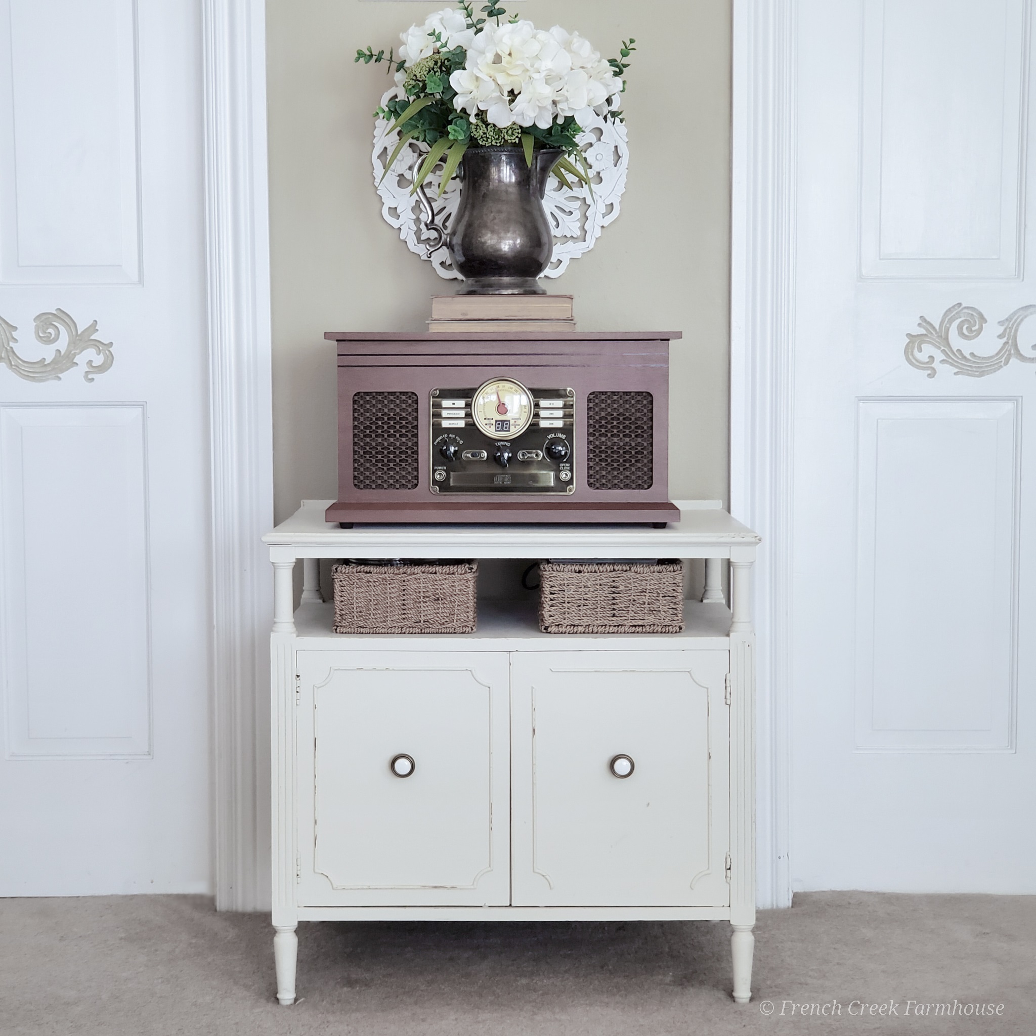 Vintage record cabinet paired with vintage-look stereo system