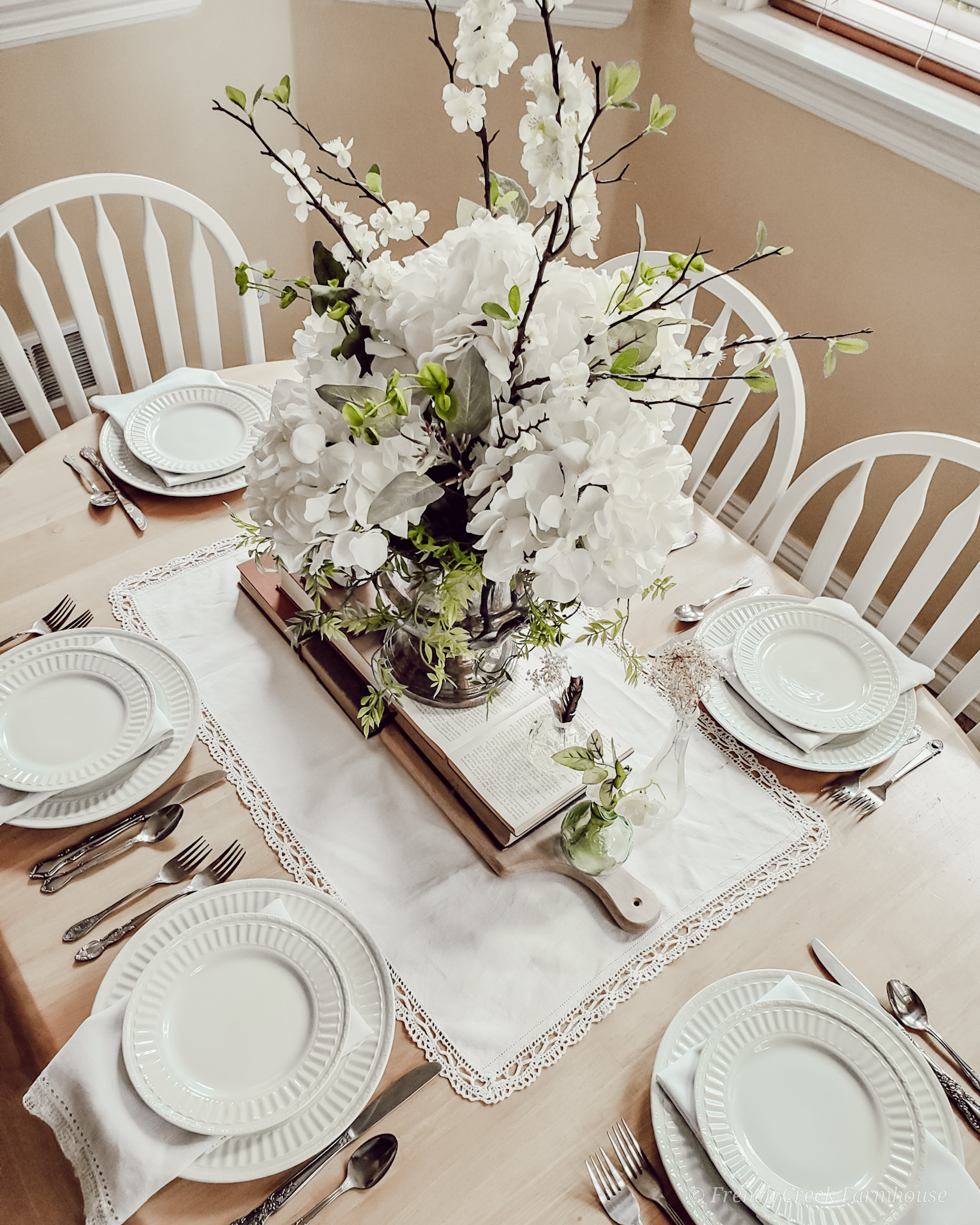Spring tablescape with hydrangea centerpiece