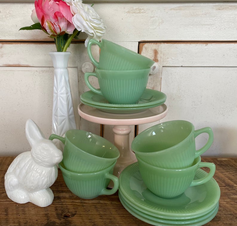 Vintage jadeite cups and saucers