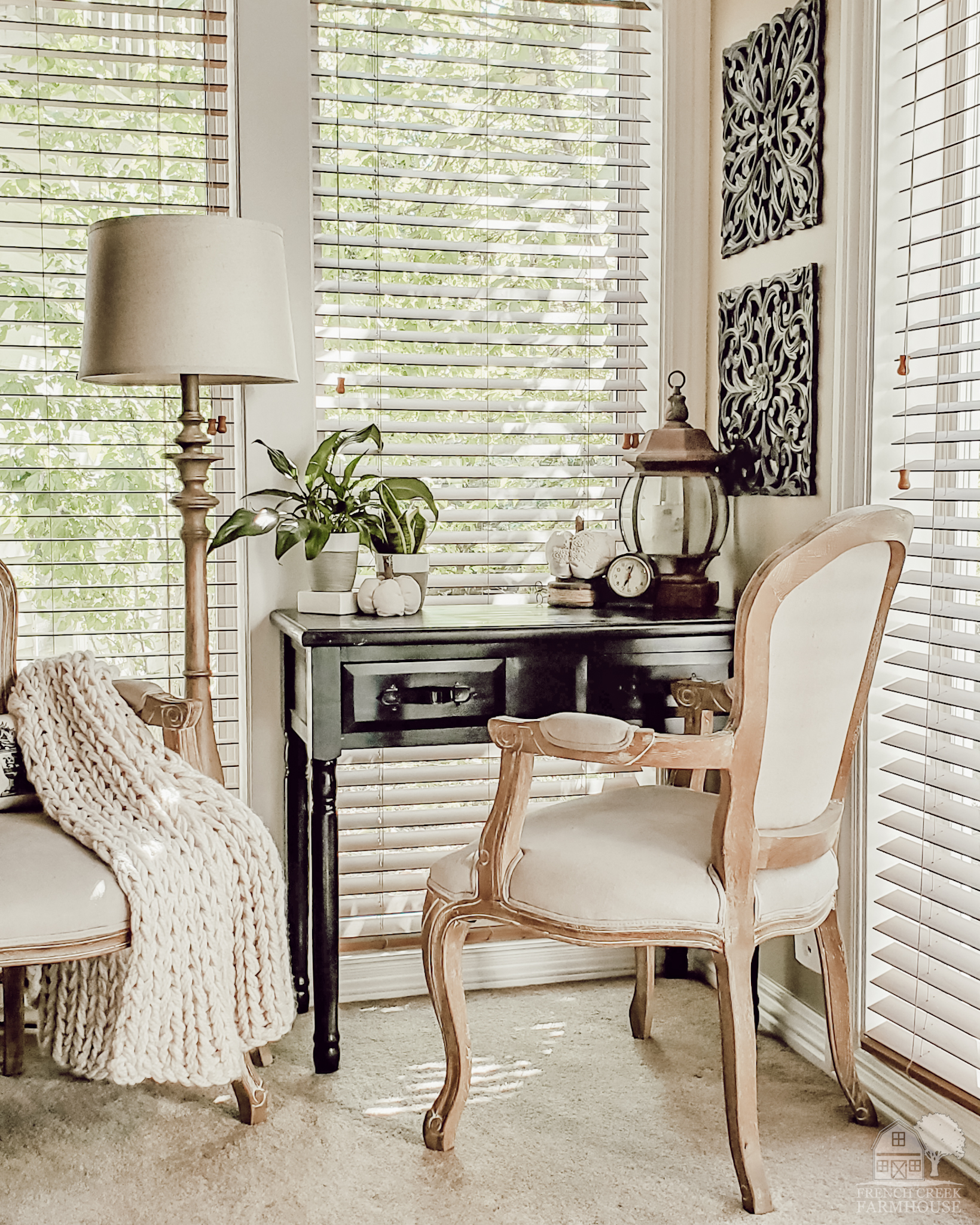 French country farmhouse writing desk decorated with pumpkins for fall