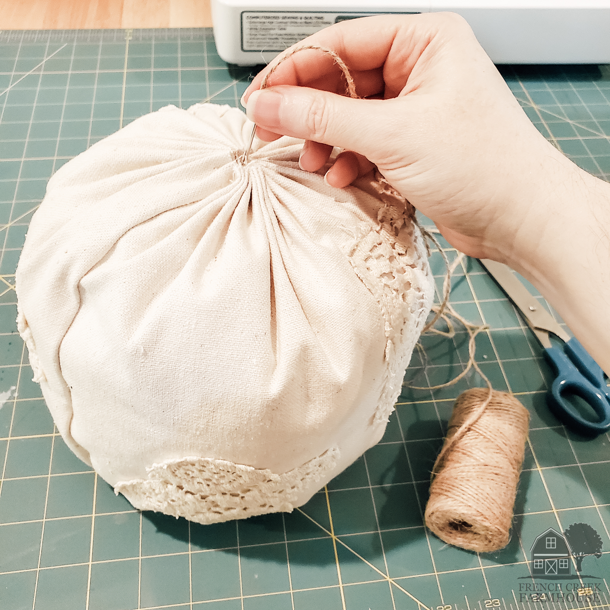 Transform your fabric ball to a pumpkin with twine