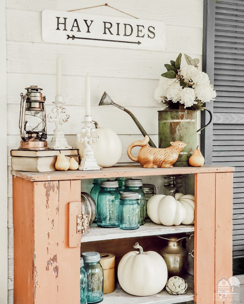 Chippy vintage jelly cupboard decorated for fall