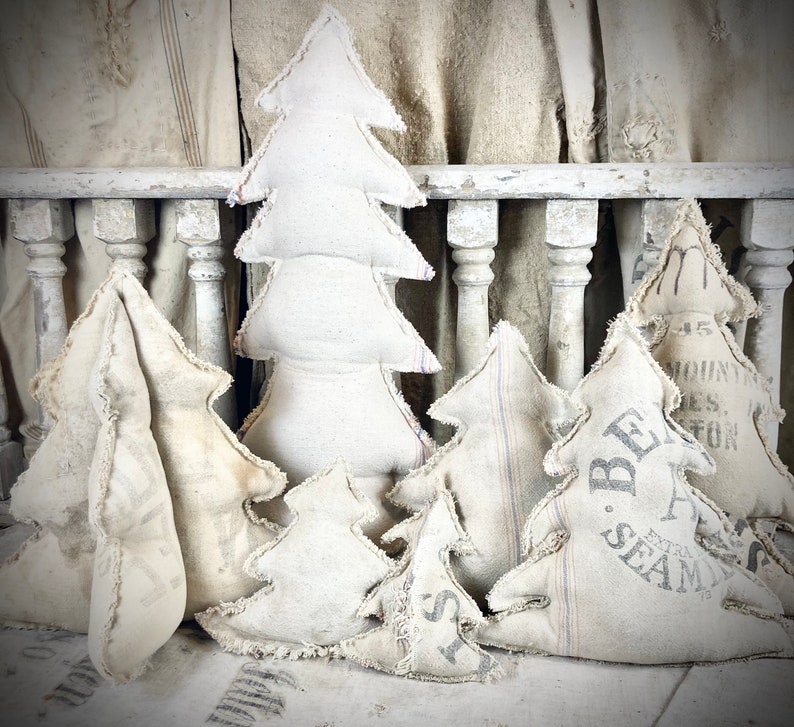 Fabric Christmas trees made from vintage grain sacks