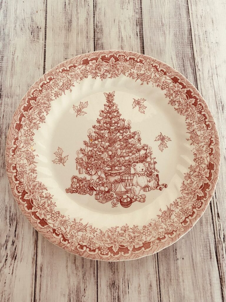 Vintage transferware plate with Christmas tree design
