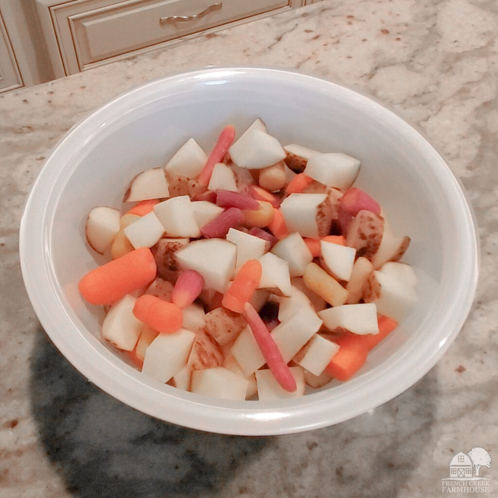 Chopped root vegetables in bowl
