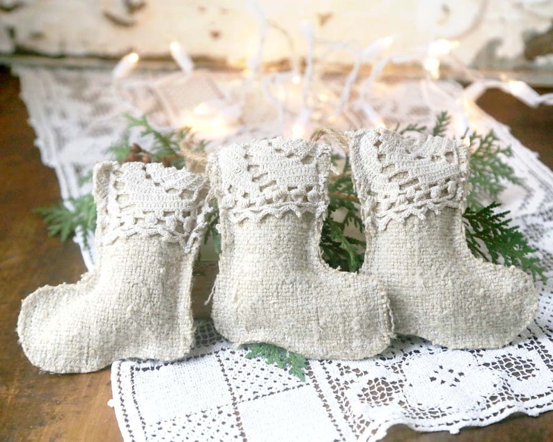 Grain sack stockings with crocheted lace edge