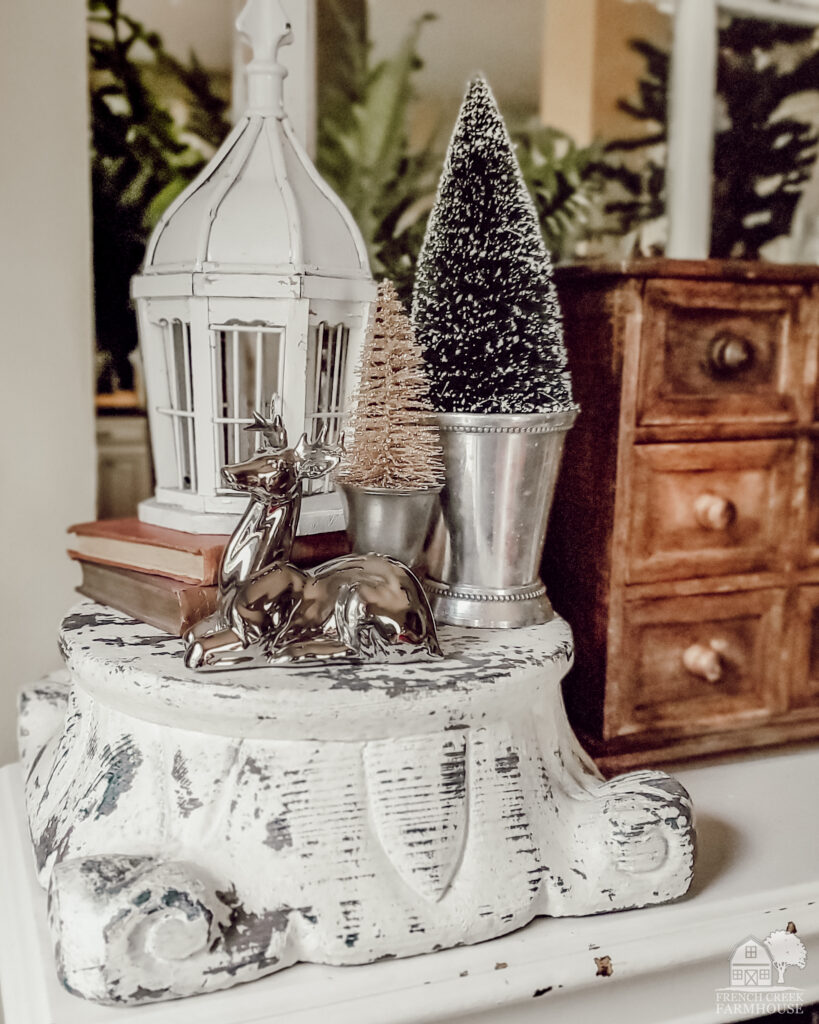 Vintage farmhouse Christmas decor vignette