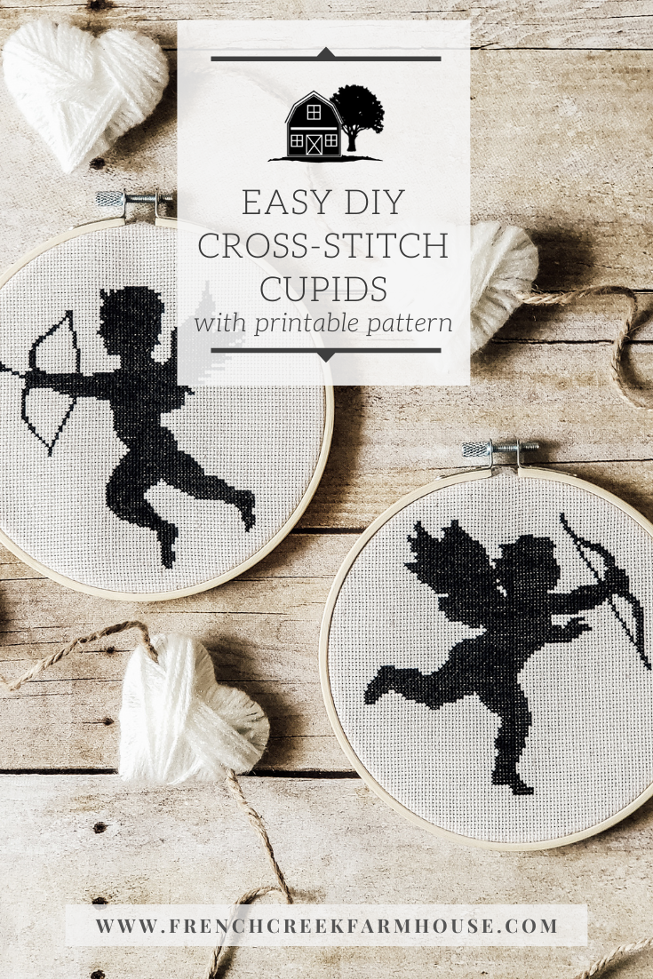 Make these easy DIY cross-stitch Cupids for Valentine's Day with the included printable pattern and tutorial from French Creek Farmhouse