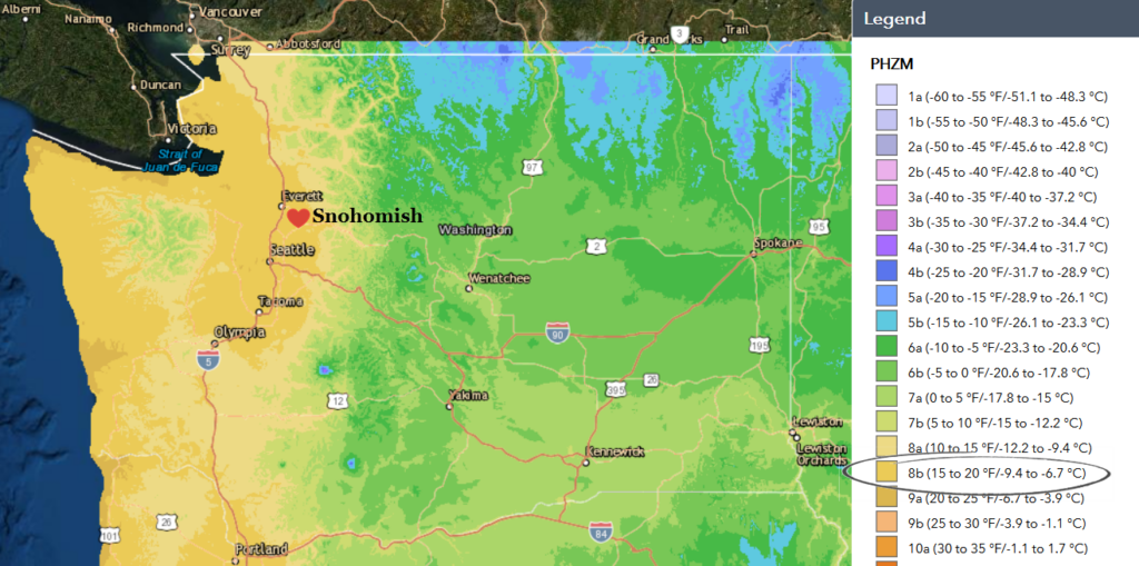 Snohomish, WA hardiness zone 8b