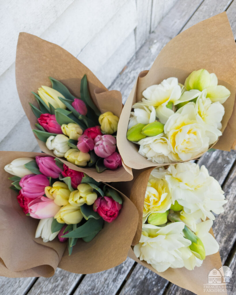 Market bouquets for spring with tulips and daffodils