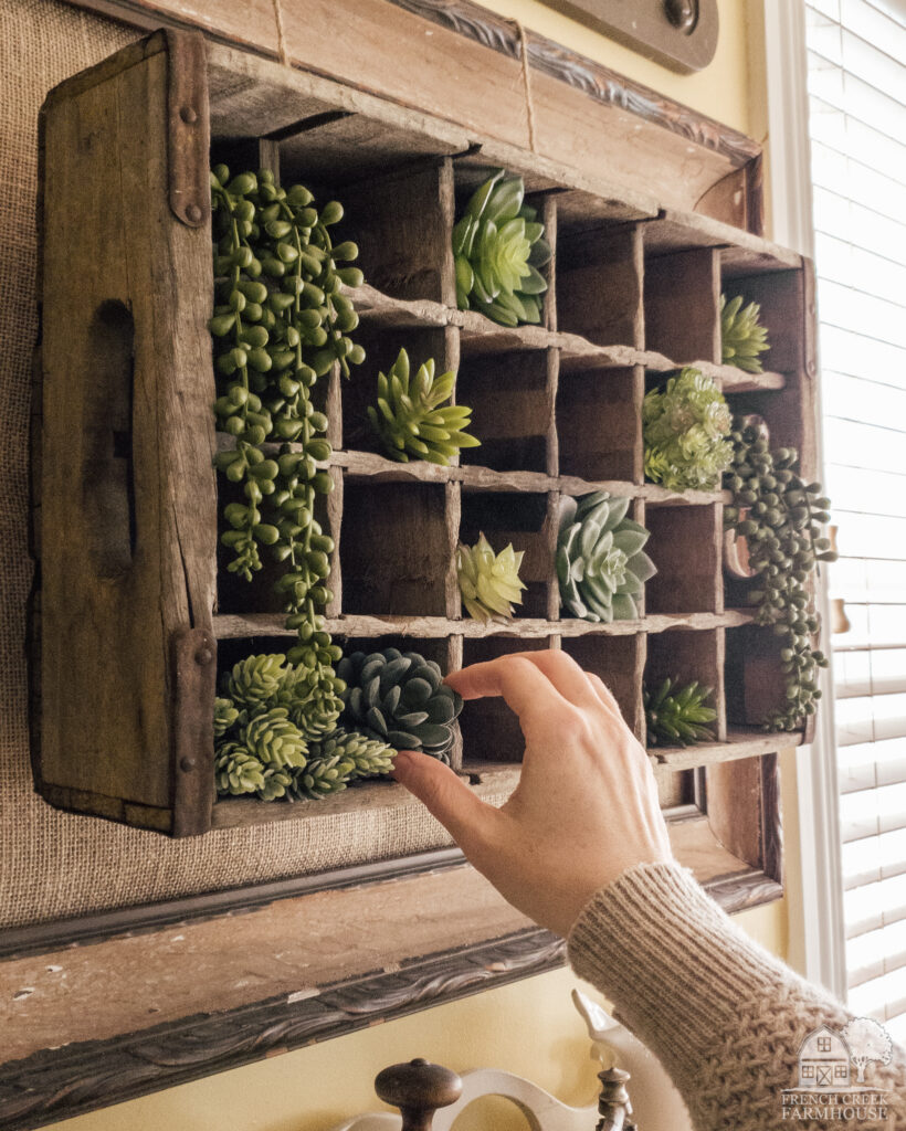 Add succulents to a rustic wooden crate for a vintage inspired wall art arrangement