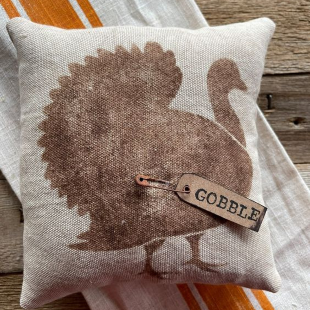 Rustic canvas grain sack pillow with turkey silhouette