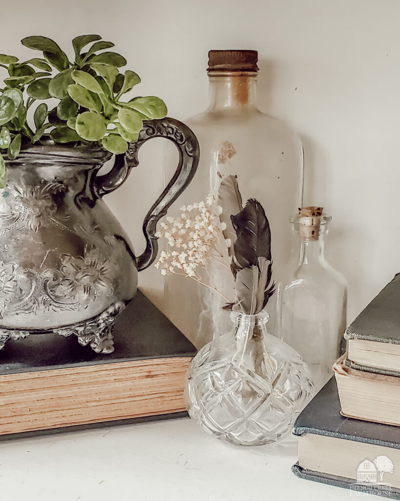 Antique items on a shelf with plenty of green plants creates subtle decor for St. Patrick's Day